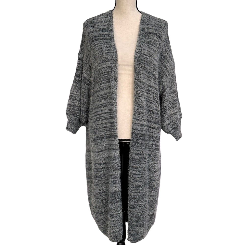 Black Tape Plus SZ X Eyelash Cardigan Open Front 3/4 Balloon Sleeve Stretch Gray